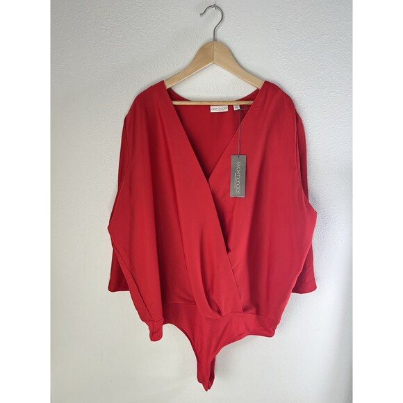 Eva Mendes Tops - Eva Mendes by New York & Co V-Neck Woman's Vibrant Red Draped Bodysuit Size 1X